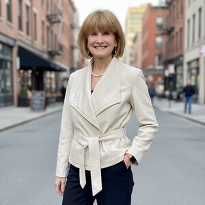 LAMARQUE Cream linen and leather trim Belted and draped contemporary blazer